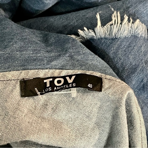 TOV HOLY DENIM ONE SHOULDER RAW HEM RUFFLE HIGH LOW MIDI DRESS - Picture 14 of 16